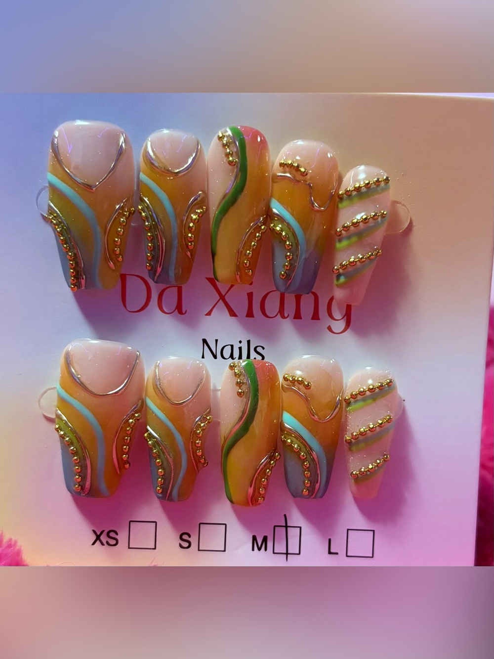Women Acrylic Nail Set — Multicolor Orange & Pink Design